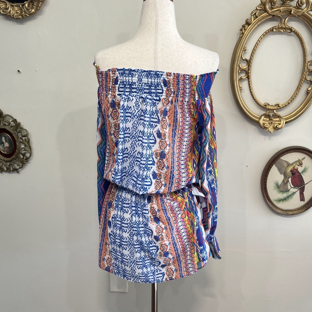 Ramy Brook Printed Off-Shoulder Smocked Waist Romper Dress XS - Picture 3 of 8